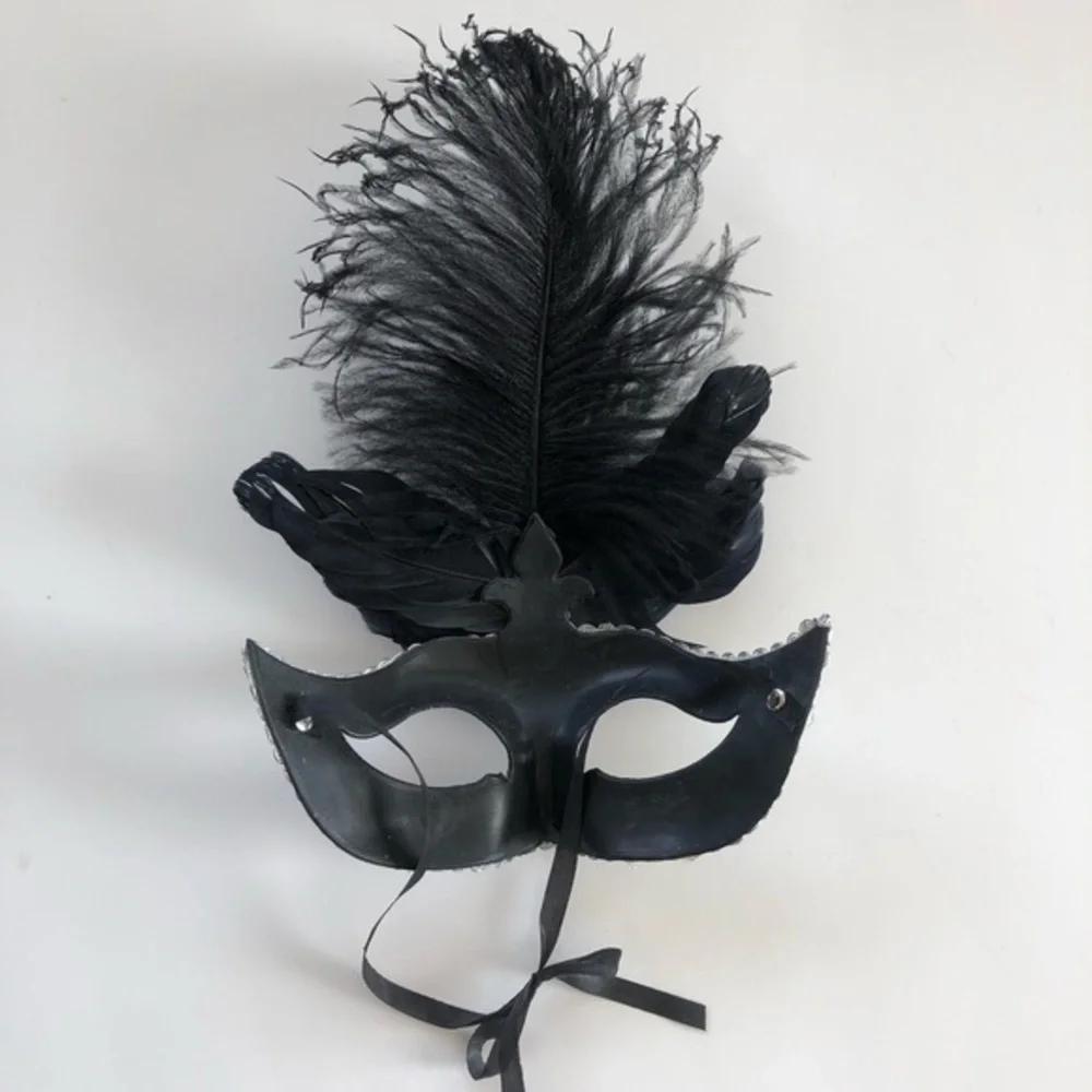 Masquerade Mask Black & Silver with Feathers